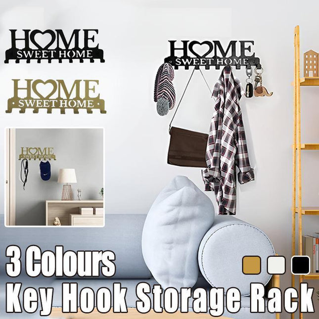 Retro Metal Iron Wall Hanging Mounted 10 Key Hooks Storage Holder Hook Rack - Black.