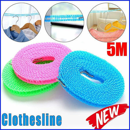 Portable 5M Travel Clothes Line Washing Rope Non Slip Airer Laundry Clothesline - Green.