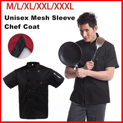 Black Unisex Mesh Sleeve Chef Coat Jacket Restaurant Hotel Cook Short Uniform - XL.