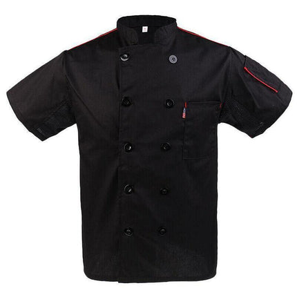 Black Unisex Mesh Sleeve Chef Coat Jacket Restaurant Hotel Cook Short Uniform - XL.