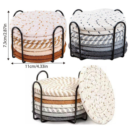 8PCS Round Cotton Woven Coaster Heat Resistant Thick Insulation Dining Table Mat - Brown.