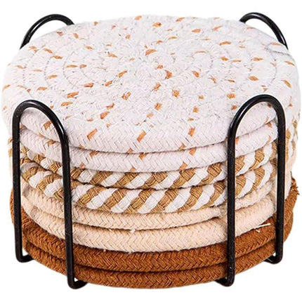 8PCS Round Cotton Woven Coaster Heat Resistant Thick Insulation Dining Table Mat - Brown.