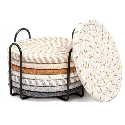 8PCS Round Cotton Woven Coaster Heat Resistant Thick Insulation Dining Table Mat - Brown.