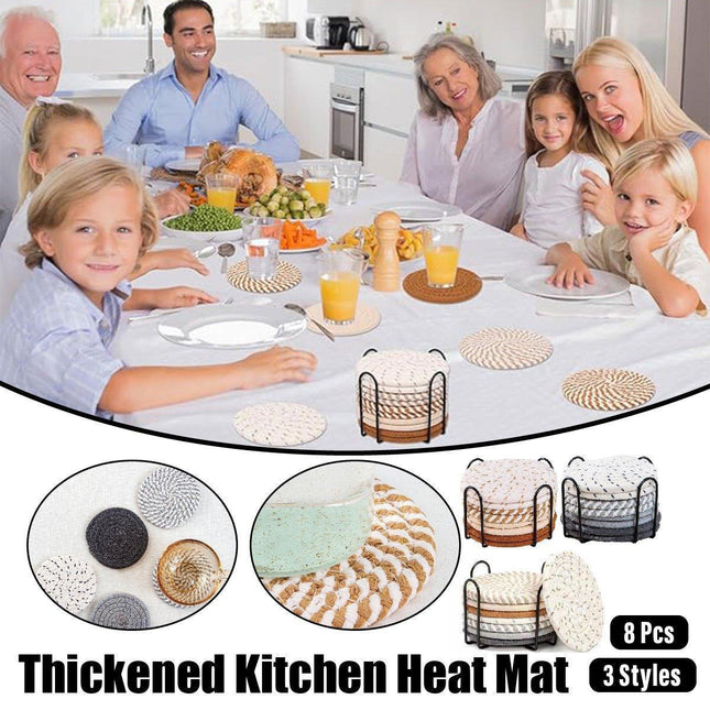 8PCS Round Cotton Woven Coaster Heat Resistant Thick Insulation Dining Table Mat - Grey.