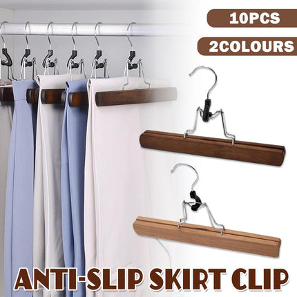 10pcs Solid Wood Skirt Clip Non Slip Hanger Flannel Trouser Clothes Organizer - Dark Brown.