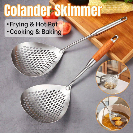 304 Stainless Steel Kitchen Colander Long Handle Noodle Dumpling Strainer Spoon - Stainless steel.