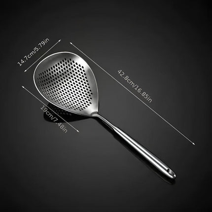 304 Stainless Steel Kitchen Colander Long Handle Noodle Dumpling Strainer Spoon - Stainless steel.