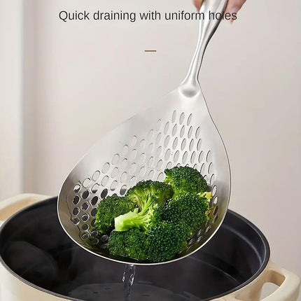 304 Stainless Steel Kitchen Colander Long Handle Noodle Dumpling Strainer Spoon - Stainless steel.