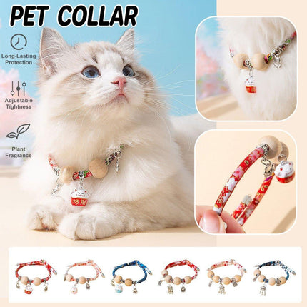 Camphor Wood Bead Collar with Bell Necklace for Cats and Dogs Pet Accessories - Pink-Longevity Lock.