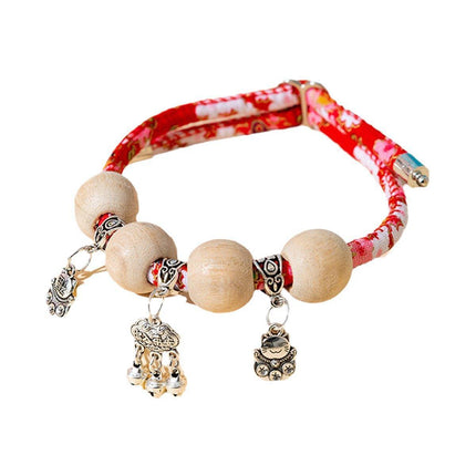 Camphor Wood Bead Collar with Bell Necklace for Cats and Dogs Pet Accessories - Red-Longevity Lock.