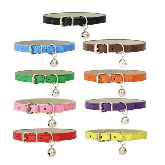 Adjustable PU Leather Cat Collar with Bell Breakaway Buckle 9 Colours - Yellow.