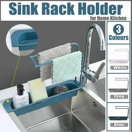 Telescopic Sink Rack Holder Expandable Storage Drain Basket Home Kitchen Kit - Blue.