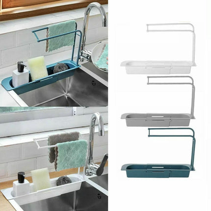 Telescopic Sink Rack Holder Expandable Storage Drain Basket Home Kitchen Kit - Blue.
