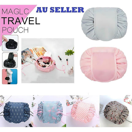 Portable Travel Makeup Bag Drawstring Cosmetic Pouch Lazy Storage Organiser Case - Blue Flamingo.