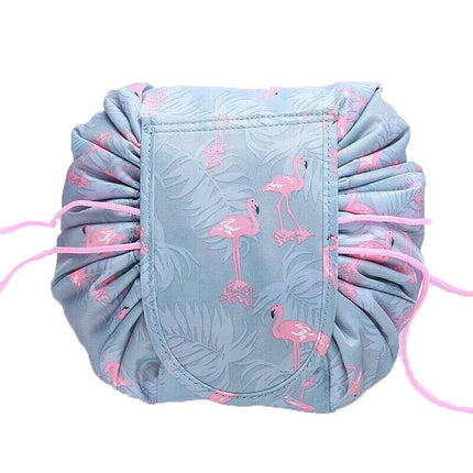 Portable Travel Makeup Bag Drawstring Cosmetic Pouch Lazy Storage Organiser Case - Blue Flamingo.