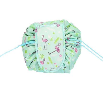 Portable Travel Makeup Bag Drawstring Cosmetic Pouch Lazy Storage Organiser Case - Blue Flamingo.