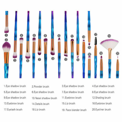 20 Pcs Eye Make-Up Brushes Diamond Unicorn Eyeshadow Eyebrow Blending Brush Set - Gold.