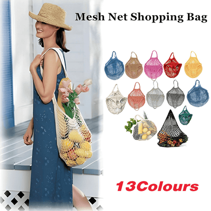 Reusable Mesh Net Shopping Bag String Tote Grocery Fruit Vegetable Storage - Steel Grey.