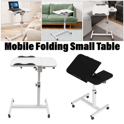 Adjustable Folding Computer Desk Stand Floor-Standing Movable Bedside Table - White.