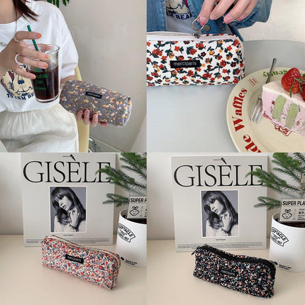 Large Capacity Pencil Case Organiser Bag Stationery Holder School Travel Pouch - Cartoon Flowers.