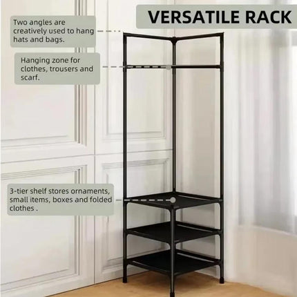 Floor Standing Corner Coat Rack Multifunctional Clothes Hanger Storage Organizer.