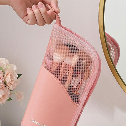Stand Cosmetic Bag Travel Zipper Makeup Brush Holder Organizer Pouch Case Cover - Pink.