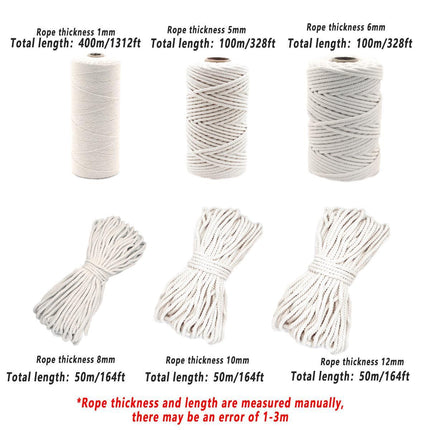 Cotton Rope Macrame Cord 1-12mm DIY Craft Tapestry Binding Decorative String - 6mm x 100m.