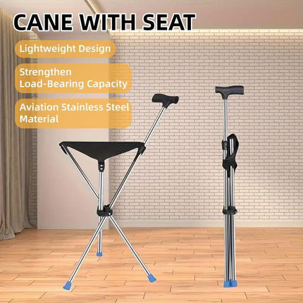 Stainless Steel Walking Stick with Seat Folding Cane Chair for Travel and Outdoor Use.