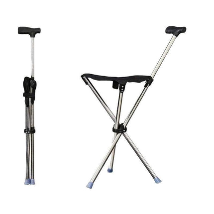 Stainless Steel Walking Stick with Seat Folding Cane Chair for Travel and Outdoor Use.