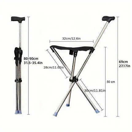 Stainless Steel Walking Stick with Seat Folding Cane Chair for Travel and Outdoor Use.