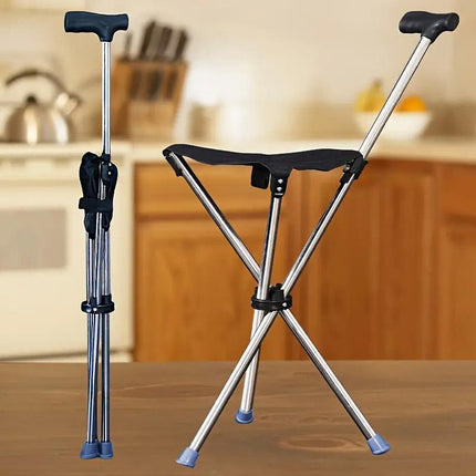 Stainless Steel Walking Stick with Seat Folding Cane Chair for Travel and Outdoor Use.