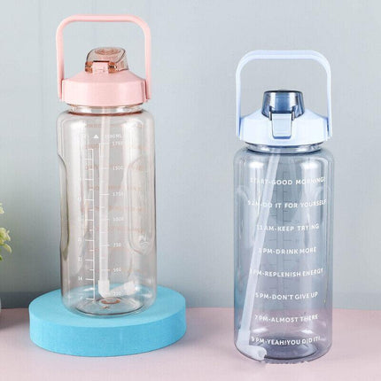 2L Water Bottle Straw Cup Motivational Drink Flask With Time Markings Sports Gym - Black.