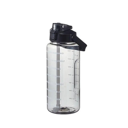 2L Water Bottle Straw Cup Motivational Drink Flask With Time Markings Sports Gym - Black.