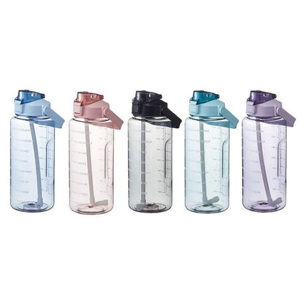 2L Water Bottle Straw Cup Motivational Drink Flask With Time Markings Sports Gym - Green.