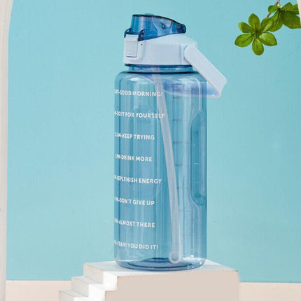 2L Water Bottle Straw Cup Motivational Drink Flask With Time Markings Sports Gym - Green.