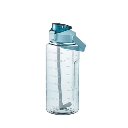 2L Water Bottle Straw Cup Motivational Drink Flask With Time Markings Sports Gym - Green.