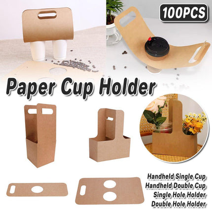 100pcs Kraft Paper Cup Holder Portable Coffee Drink Carrier Reusable Storage - Handheld Single Cup.