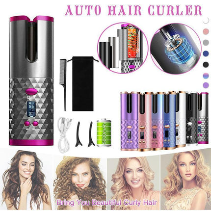 Lcd Cordless Auto Rotating Hair Curler Hair Waver Curling Iron Wireless Ceramic - Colourful.