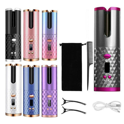 Lcd Cordless Auto Rotating Hair Curler Hair Waver Curling Iron Wireless Ceramic - Pink.