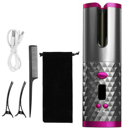 Lcd Cordless Auto Rotating Hair Curler Hair Waver Curling Iron Wireless Ceramic - Pink.