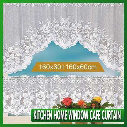 2Pcs/Set White Lace Kitchen Home Window Cafe Curtain W Scallope Edge 160Cm Wide.