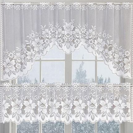 2Pcs/Set White Lace Kitchen Home Window Cafe Curtain W Scallope Edge 160Cm Wide.