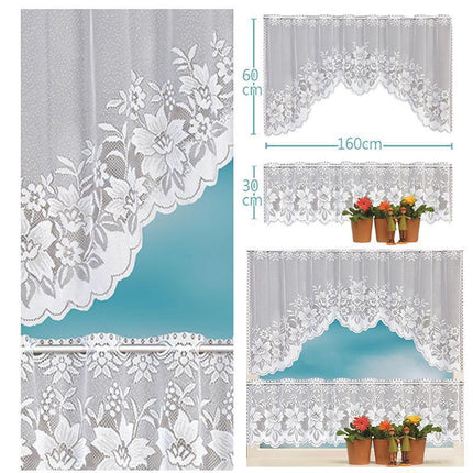 2Pcs/Set White Lace Kitchen Home Window Cafe Curtain W Scallope Edge 160Cm Wide.
