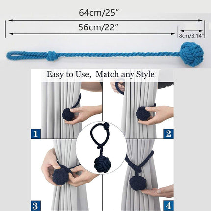 1pair Braided Cotton Curtain Tiebacks No Hole Curtain Holdbacks Hanging Balls - Navy.