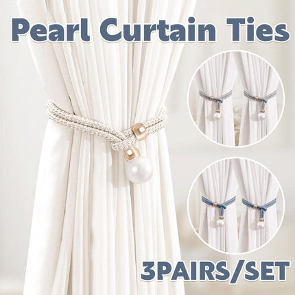 Curtain Tiebacks Pearl Strap Set 3 Pairs Decorative Buckle Holder Rings Hooks - Grey.