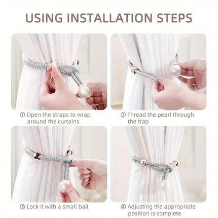 Curtain Tiebacks Pearl Strap Set 3 Pairs Decorative Buckle Holder Rings Hooks - Grey.