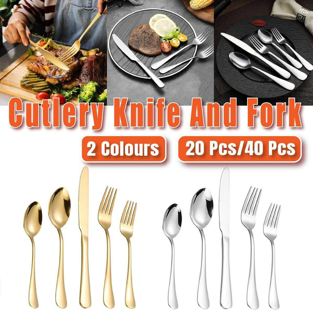 20/40pcs Stainless Steel Cutlery Set Knife Fork Spoon Western Hotel Tableware - Golden-40pcs.