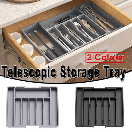 Extendable Cutlery Storage Box Household Portable Retractable Tray Organizer - Black.