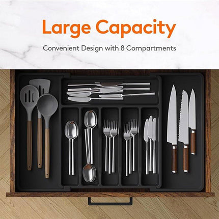 Extendable Cutlery Storage Box Household Portable Retractable Tray Organizer - Black.