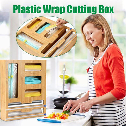 Bamboo Kitchen Storage Box for Plastic Wrap Tin Foil Paper Cutter with Lid.